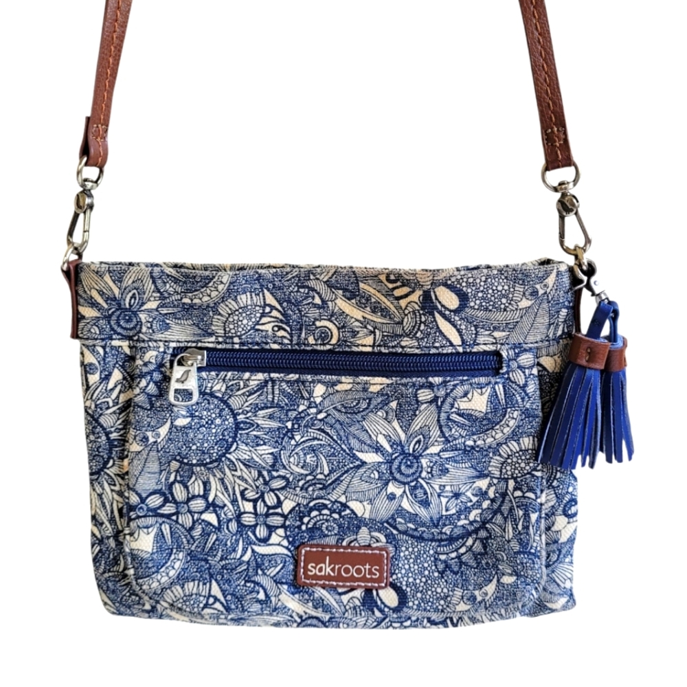 Sakroots Camden Crossbody Floral Bag with Tassles Blue Boho